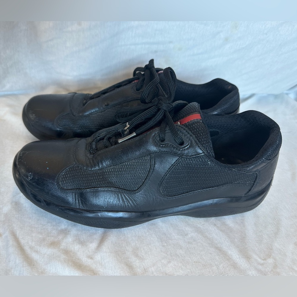 Prada America’s cup Men's Black Leather & Mesh Sneakers with Red Stripe - Picture 3 of 16